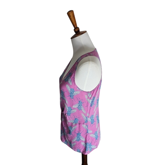 Leifnotes 100% Silk V Neck Pink Tank Top with Blue Bee Print Small Preowned - Picture 3 of 9